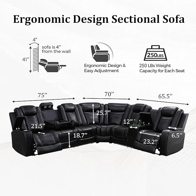 Power Recliner Sectional Sofa with LED Light, Breathing Leather Recliner Sofa Couch with Storage/Cup Holder for Living Room Home Office Theater(Black-PRO)