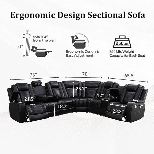 Power Recliner Sectional Sofa with LED Light, Breathing Leather Recliner Sofa Couch with Storage/Cup Holder for Living Room Home Office Theater(Black-PRO)