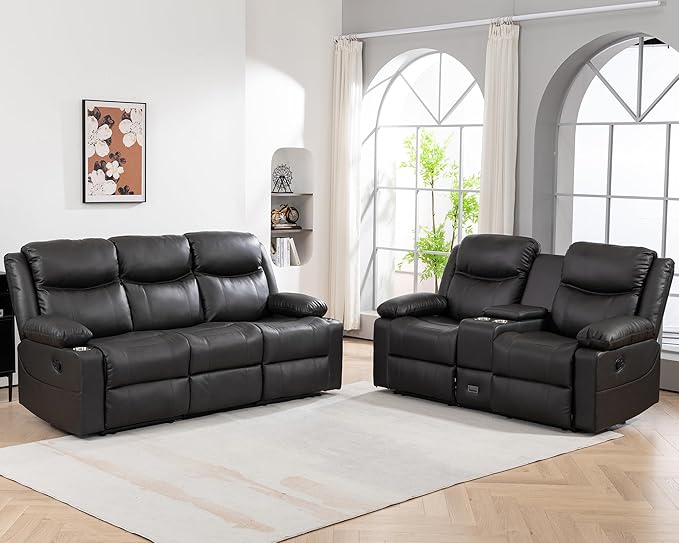 Recliner Sofa Set - Reclining Sofa Couch Set, 2 Pieces Recliner Furniture Sofa Set, 3-Seater Reclining Sofa & 2-Seater Reclining Loveseat with Massage & Heat for Living Room (Grey) | Side Pocket, Hidden Drawer, Cup Holder