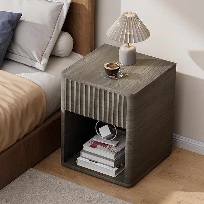 VICITON Fluted Narrow Night Stand,Thin Nightstand with Leather Surface, Small End Table with Storage, Living Room/Bed Side Table for Small Spaces (Gray, Large)