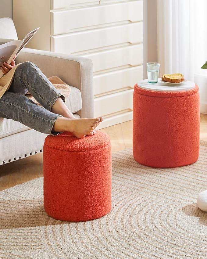 IBUYKE Storage Ottoman Set of 2 Round Ottoman Fleece Vanity Stool with Storage Velvet Footrest Stool End Table Boucle Ottoman for Home Organization UWBD015J