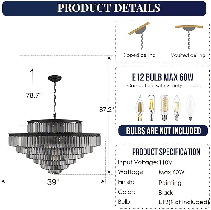 Crystal Chandelier 7-Tier Luxury Pendant Lights Fixture Hanging Adjustable for Dining Room Living Room Dia 39 Inch-Black