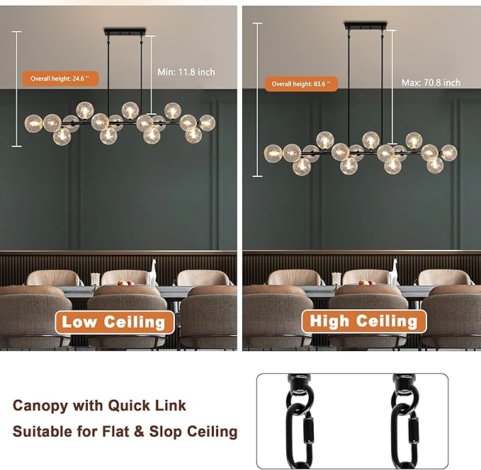 16-Light Linear Chandelier,Modern Chandeliers for Dining Room Light Fixture Large Black Sputnik Chandeliers 55" Clear Globe Sputnik Ceiling Light Fixture Large Chandelier Pendant Lights Kitchen Island