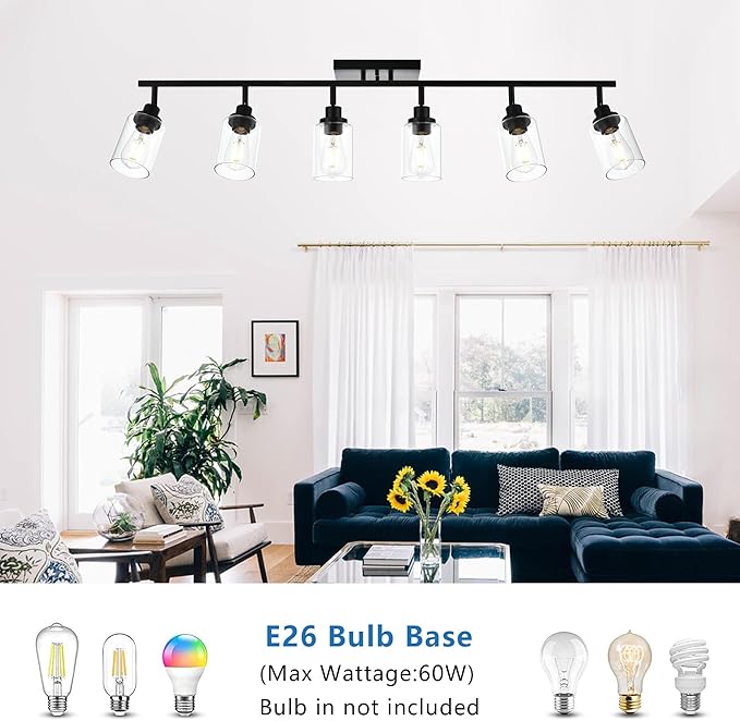 MELUCEE Ceiling Track Lighting Kits 6 Light Bathroom Light Fixtures Wall Mount with Flexibly Rotatable Light Head, Modern Black Spotlights with Clear Glass Shade