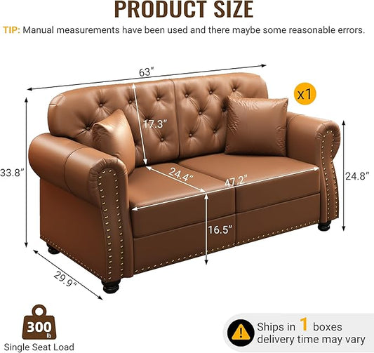 KEIKI 63" Faux Leather Chesterfield Sofa with Rolled Arms & Nailhead Trim, Modern Style 2-Seater Button Tufted Couch with High Resilience Cushion & 2 Pillow, Easy Assembly, for Living Room, Brown
