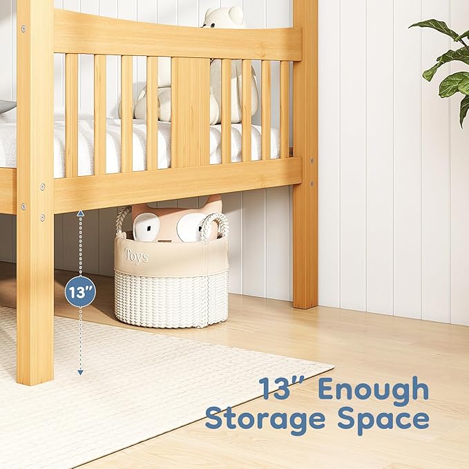 DUMOS Loft Bunk Bed Twin Over Twin, Solid Wood Frame with Slats, Bunk Beds with Ladder and Guardrail, No Box Spring Needed, Space Saving Bed Frame for Dorm, Bedroom