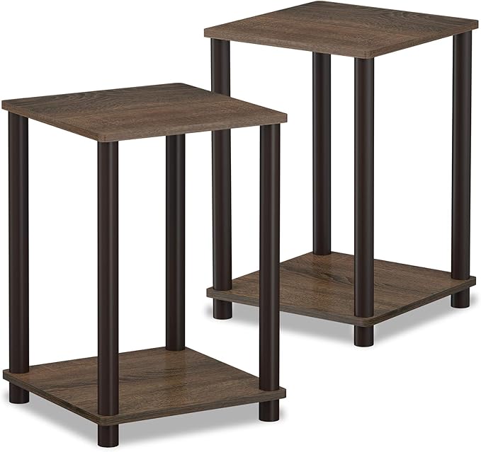 Furinno Turn-N-Tube Side Table Set of 2, 2-Tier Stackable Modern End Table with Open Shelf, Toolless Night Stand, Bedside Table, for Living Room, Bedroom, Walnut