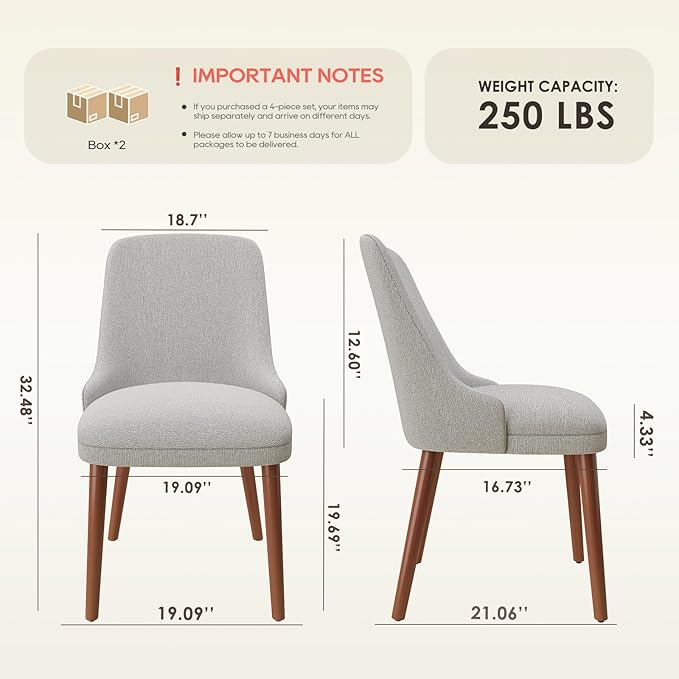 Dining Chairs Set of 4, Upholstered Dining Room Chair with Wood Legs, High-Back Padded Kitchen Chairs for Dining Room/Restaurant/Cafe, Light Grey