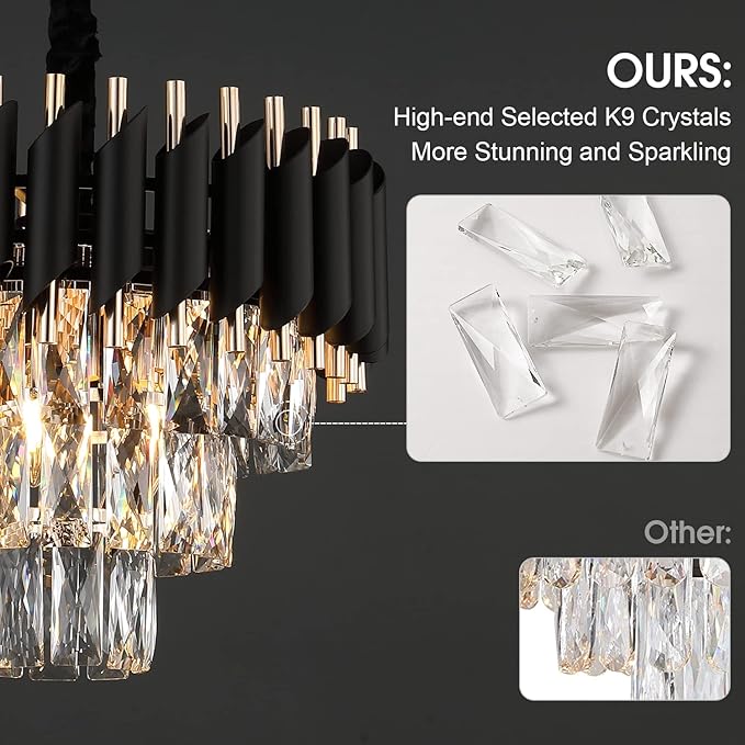 Modern Crystal Chandeliers 3 Tiers Black and Gold Pendant Light Fixtures 16” Round Flush Mount Chandeliers Ceiling Lighting Dimmable for Living Room Dining Room Foyer Bedroom Kitchen