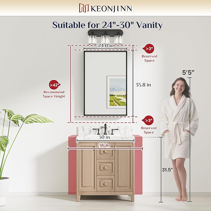 Keonjinn 24 x 36 Inch Brushed Nickel Bathroom Mirrors for Over Sink, Beveled Rectangle Framed Mirror for Wall, Farmhouse Bathroom Vanity Mirror, Tempered Glass, Hangs Horizontally or Vertically