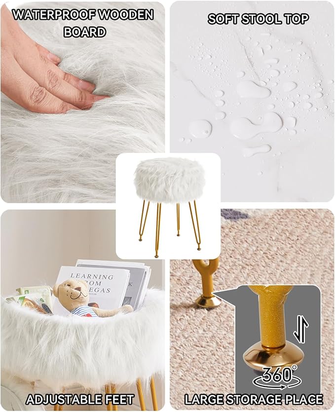 IBUYKE Round Faux Fur Vanity Stool with Storage, Furry Makeup Chair Ottoman, Soft Padded Seat, Round Footrest Footstools with 4 Metal Legs, for Living Room Bedroom Entryway, White WBD021W