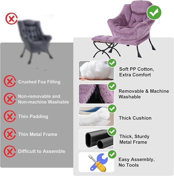 Lazy Chair with Ottoman, Modern Chair with Folding Footrest, Plush Purple Accent Chair, Comfortable Reading Chair, Oversized Armchairs for Bedroom, Study, Living Room, Courtyard