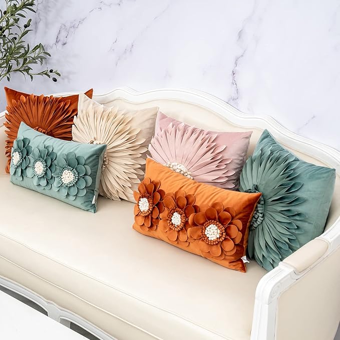 Alerfa 3D Flower Handmade Throw Pillow Cover Decorative Orange Velvet Pillowcase Cushion Cover with Hidden Zipper for Couch Bed Living Room Home Decor 12x20 Inches