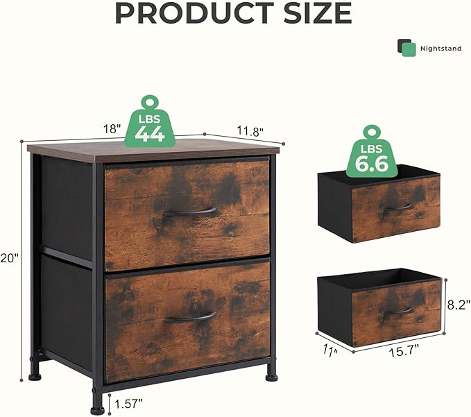 NEWBULIG Nightstand with 2 Fabric Drawers, 25 Inch Tall Small Dresser, Bedside Table with Storage for Bedroom, Closet, Entryway, Dorm, 2 Pack with Sturdy Frame and Compact Design, Rustic Brown02