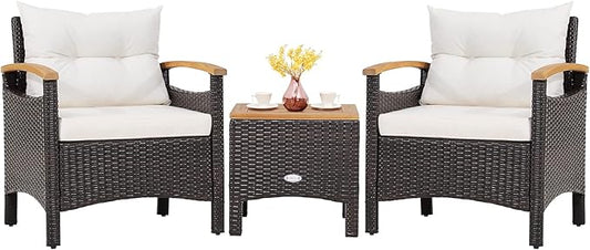 Tangkula 3-Piece Patio Furniture Set, Patiojoy Outdoor Rattan Sofa Set with Coffee Table, Patio Conversation Set with Removable Cushion, Cozy Acacia Wood Armrests for Backyard, Poolside (Off White)
