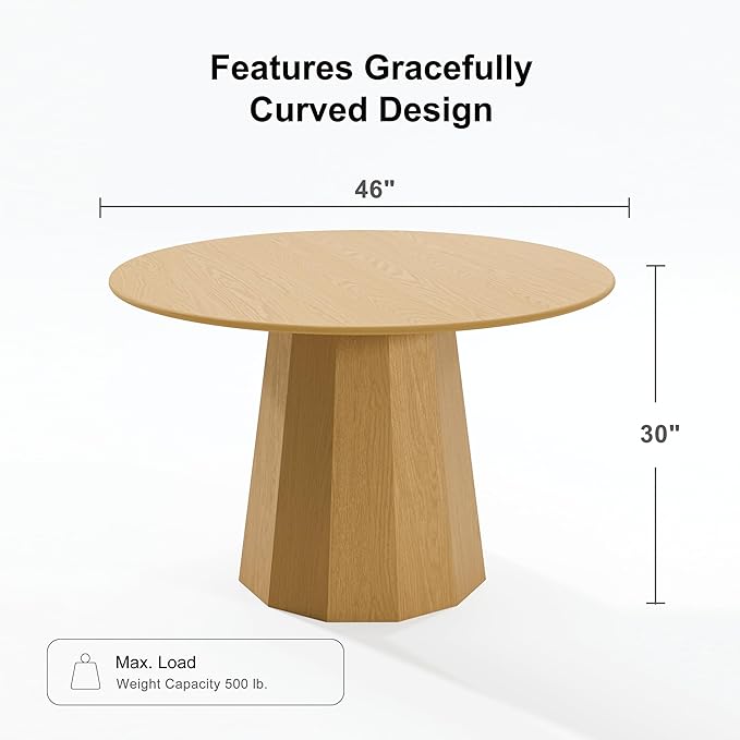 Casaphoria 46" Round Dining Table, Modern Wood Kitchen Table with Cone Shaped Strip Polygonal Base for Living Room & Dining Room, Easy Assembly Farmhouse Furniture for 4-6, Oak