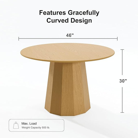 Casaphoria 46" Round Dining Table, Modern Wood Kitchen Table with Cone Shaped Strip Polygonal Base for Living Room & Dining Room, Easy Assembly Farmhouse Furniture for 4-6, Oak
