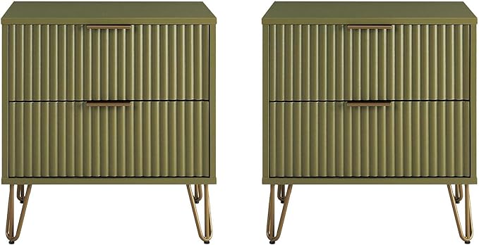 Manhattan Comfort Dumbo Modern Nightstand 2.0 with 2 Drawer and Metal Feet | Splayed Gold Legs | Vertical Ribbed Design | No Tool Assembly Storage for Bedroom, Set of 2, Set of 2, Olive Green