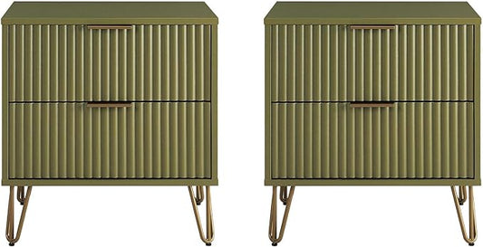 Manhattan Comfort Dumbo Modern Nightstand 2.0 with 2 Drawer and Metal Feet | Splayed Gold Legs | Vertical Ribbed Design | No Tool Assembly Storage for Bedroom, Set of 2, Set of 2, Olive Green