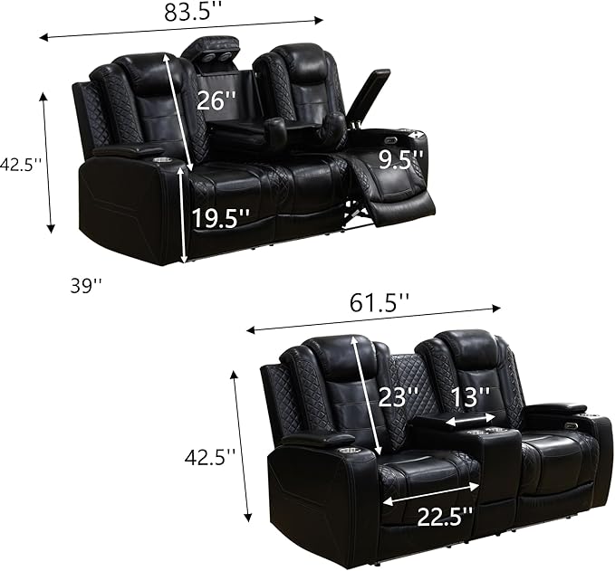 Power Recliner Sofa and Loveseat Set, 2 Piece Breathing Leather Living Room Set, Home Theater Seating Couches with LED/Cup Holders/Reading Light/Storage (Black Upgared)