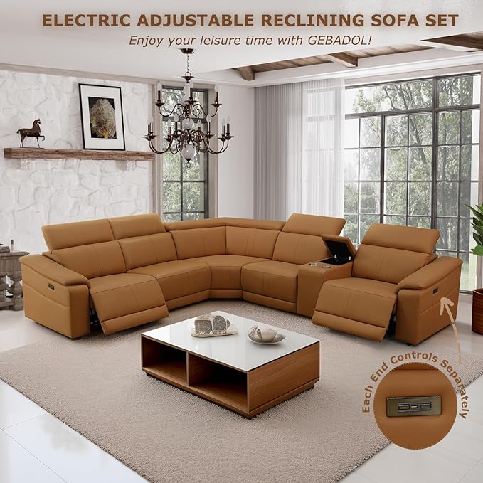 Power Recliner Sectional Sofa, L-Shaped Living Room Furniture Set, Leather Recliner Sofa,Reclining Sectional Couch with Storage Console/Cup Holder for Living Room/House/Apt (Light Brown, 4 Seater)