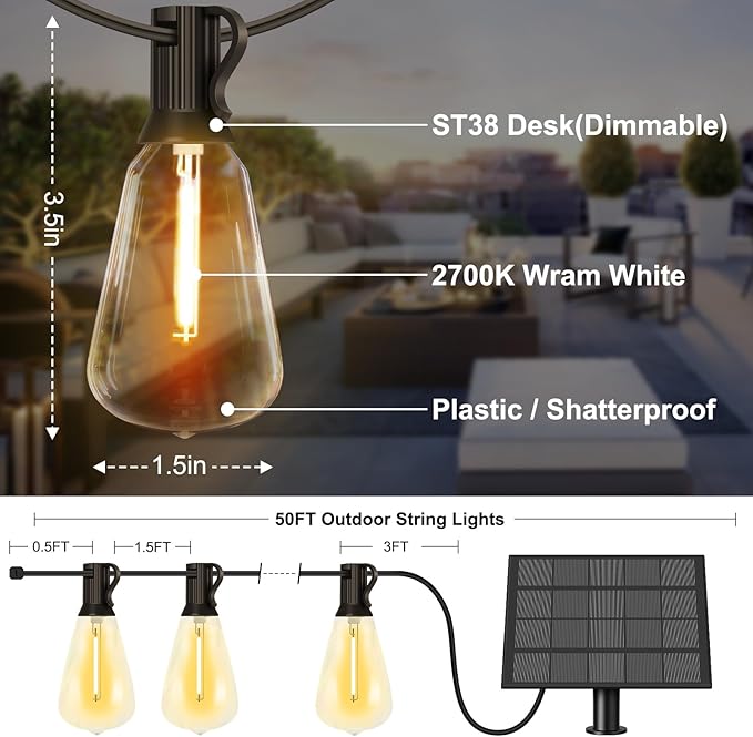 50FT Solar String Lights with 32+2 LED Bulbs (1.5FT Bulbs Spacing), Patio String Lights Whith Remote, IP65 Waterproof, 3600mAm Battery, Zipper & Screw for Setup Outside Garden Backyard Decor