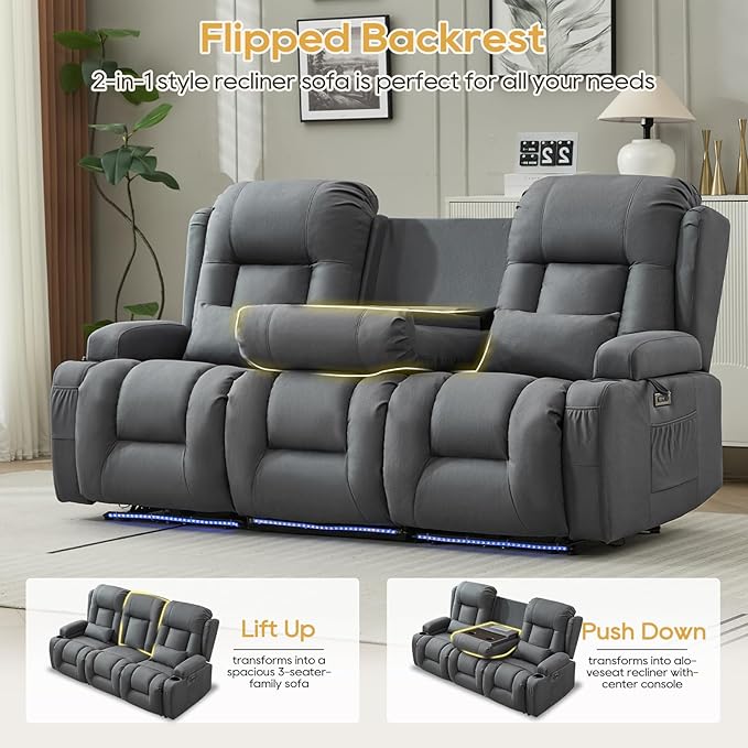 IPKIG Power Recliner Sofa with Flip-Up Backrest Console, USB & USB-C Ports, AC Outlet, LED Lights, Wall Hugger Recliners for Living Room, RV (Light Blue, 76.8" - 3 Seat) | Leathaire Fabric, Zero Gravity, Dual Reclining, 2 Lumabr Pillow
