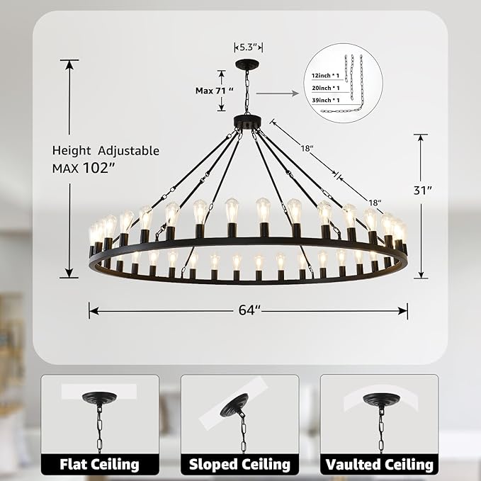 NILSE 64" Extra Large Black Farmhouse Chandelier, 36-Light Modern Wagon Wheel Chandelier for Foyer, Round Rustic Hanging Lighting for Living Room Dining Room Foyer Entryway, E26