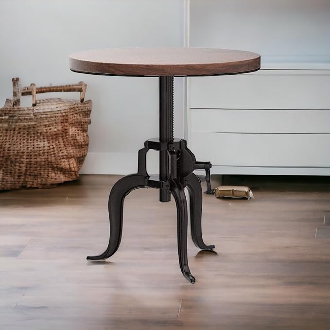 NACH Solid Mango Wood/Cast Iron Kai Adjustable Crank Side Table, 18" x 1.13" x 18-27", Black, CC-1816