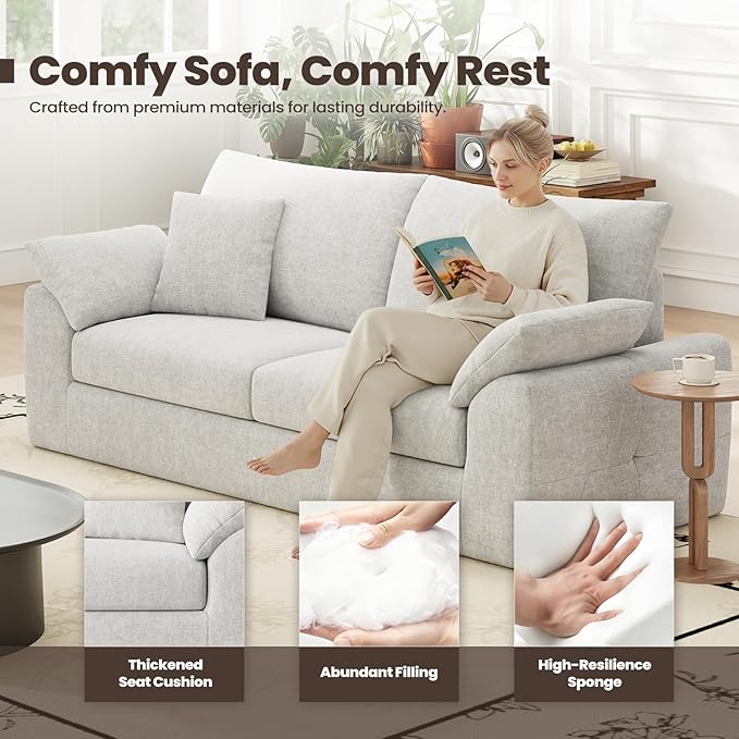 MALOL 90" Boneless Loveseat Sofa, Cloud Foam Couch, 3 Seater Upholstered Midcentury Mondern Love Seat, Wide Armrest and 4 Pillows for Home Living Room/Small Spaces, No Assembly Required, Beige