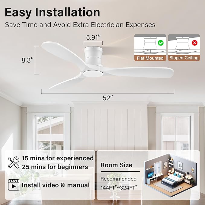 52" White Wood Flush Mount Ceiling Fans with Lights and Remote,Quiet DC Motor,Dimmable,Reversible,Ultra Low Profile Ceiling Fan for Master Bedroom Living Room Patio,Modern Indoor/Outdoor Use
