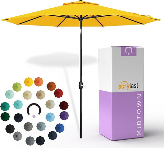 Midtown Umbrellas – The Lean 9 Ft Patio Umbrella with 10-Year-No-Fade Acrylast Acrylic Fabric, Auto-Tilt and 8 Reinforced Ribs for Deck, Pool, Garden, Hotel & Cafes – Studio Yellow Canopy, Black Pole