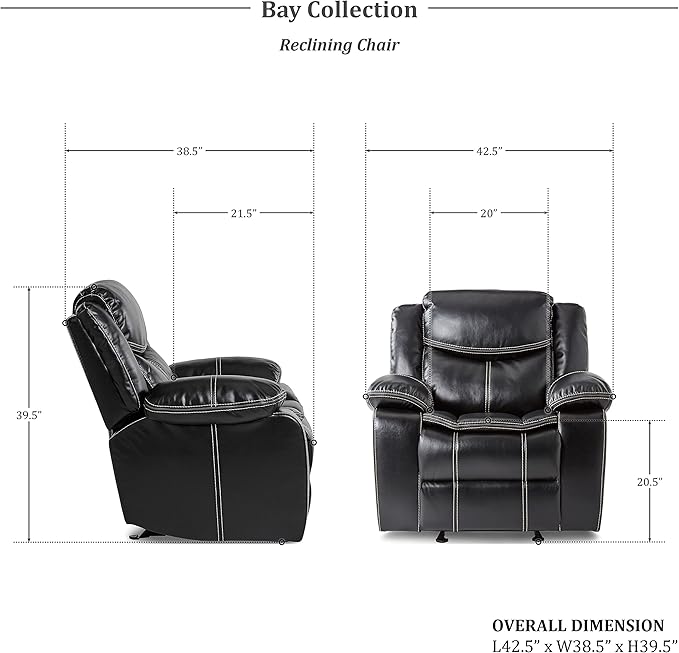 Lexicon Bay Manual Reclining Living Room Sofa Set, 3-Piece, Black