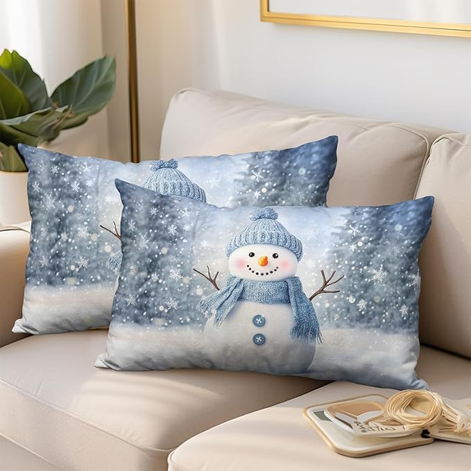 Blue Snowman Lumbar Throw Pillow Covers Winter Pillow Covers 12x20 Snowflakes Pillow Case Double Sided Printing Rectangular Cushion Case for Home Decor Couch Sofa Set of 2