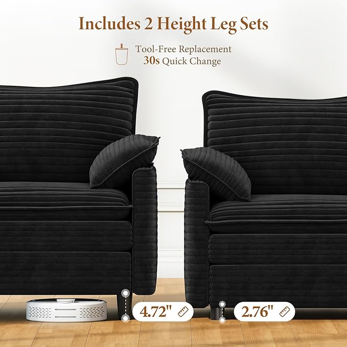 Vesgantti 142" Cloud Couch Sectional Modular Sofa, Comfy Sectional Couch with Ottoman Deep Seat Corduroy L Shaped Sofa, Modular Couches for Living Room, Bedroom and Apartment, Black | Sink-in Comfort, Height Adjustable, Easy Rearrangement, Extra-deep O...