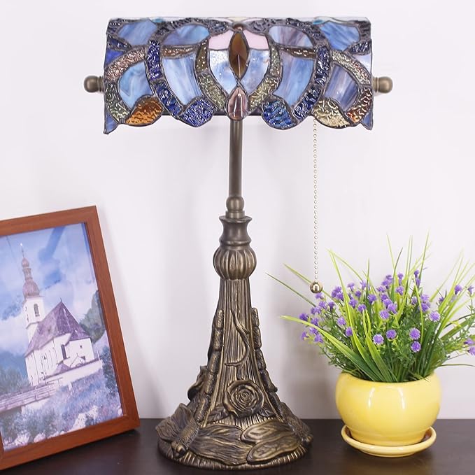 Tiffany Banker Lamp Small Stained Glass Table Lamp Tiffany Style Piano Light Blue Purple Cloudy Style Desk Lamp Angle Adjustable 10.6X15.7 Inch for Home Office Living Room Bedroom