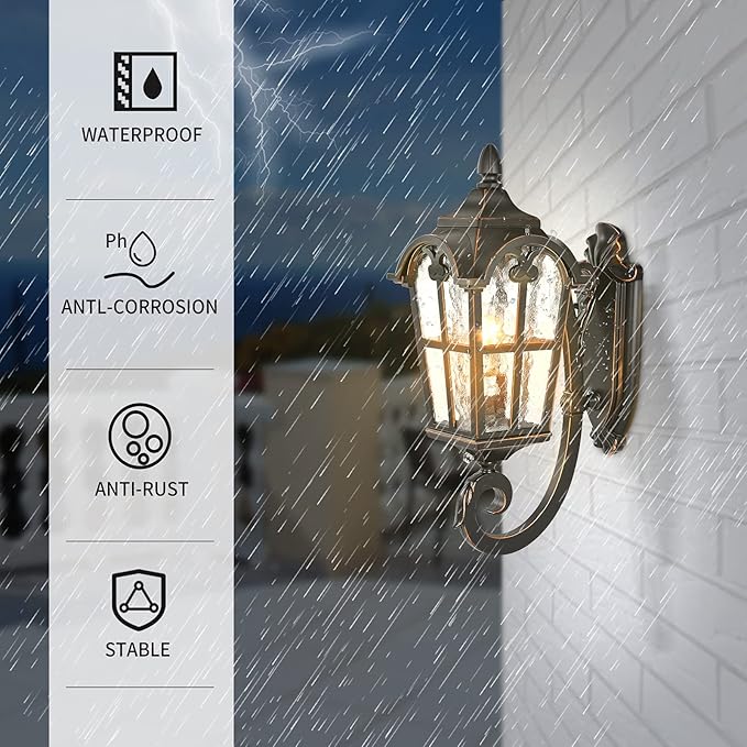 Black Roman Outdoor Light Fixture, 17.7"H Dusk to Dawn Outdoor Lighting Wall Light, Waterproof Outside Porch Light Wall Sconce, Exterior Wall Lantern Lamp with Water Glass for Garage Porch Doorway