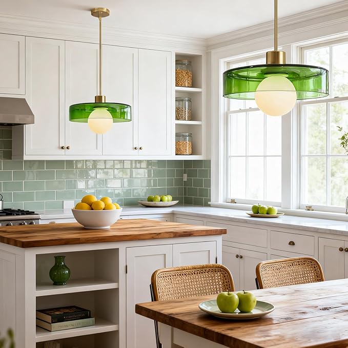 Pendant Lights Kitchen Island: Mid-Century Modern Hanging Light Fixture - Glass Pendant Lamp for Entryway Dining Room Over Table Bedside (Green, 25cm/9.84inch)