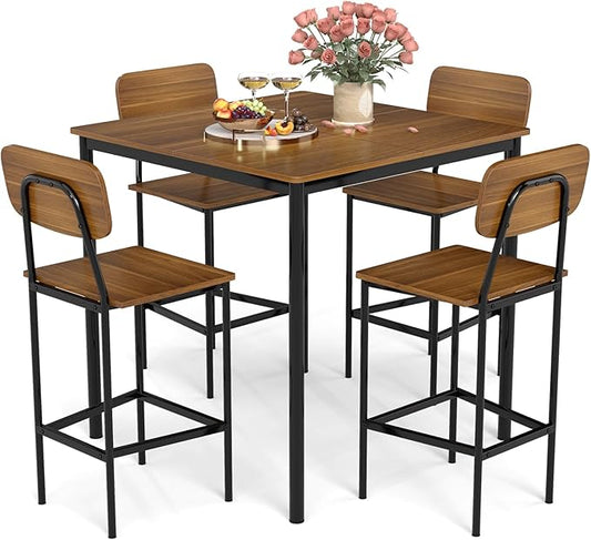 GOFLAME 5-Piece Dining Table Set for Small Space, Kitchen Table and Chairs Set for 4 with Steel Frame, Square Breakfast Table Set, Industrial Counter Height Table Set for Home, Restaurant & Cafe, Teak