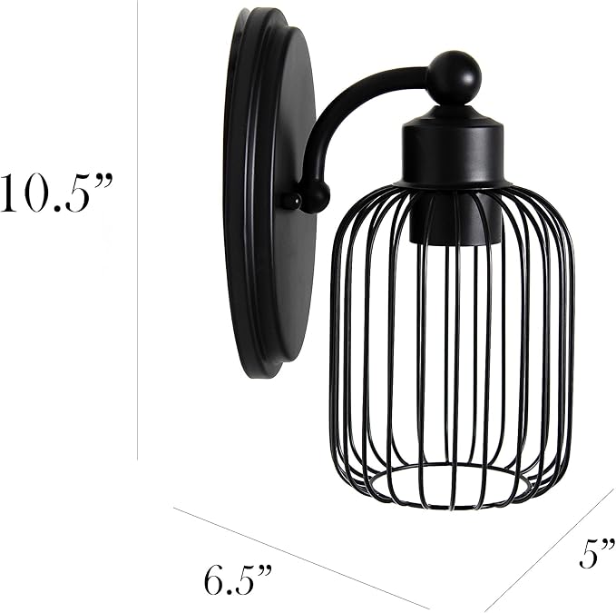 Elegant Designs SC1001-BLK 10.5" Industrial Farmhouse Metal Birdcage Wall Sconce with Matching Metal Oval Backplate Wall Mounted, Black