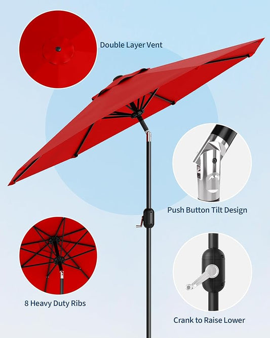 GarveeLife 10 ft Patio Umbrella, Outdoor Table Market Umbrella with Push Button Tilt and Crank, 8 Sturdy Ribs UV Protection Waterproof for Garden, Deck, Backyard, Pool (Red)