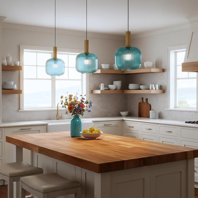 Plug in Pendant Light, Blue Ribbed Glass Hanging Lamp with Plug in Cord Adjustable, Coastal Plug in Hanging Light with On/Off Switch for Kitchen Dining Room Living Room Bedroom