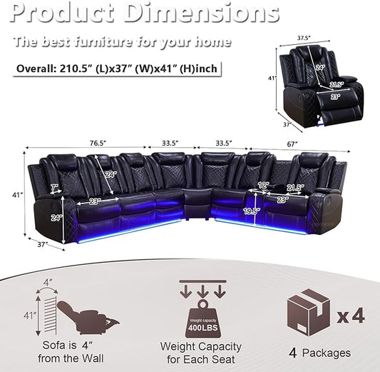 Power Reclining Sectional Sofa Set with LED Light, Leather Sectional Couches, Living Room Furniture Sets, Modern Power Recliner Sofa Sets with 3 Recliner Seater, Couches for Living Room