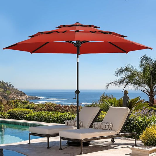 wikiwiki 9ft 3-Tier Patio Umbrella Outdoor Table Market Umbrella for Patio with Push Button Tilt/Crank, Fade Resistant Waterproof POLYESTER Canopy for Garden, Lawn, Deck, Backyard & Pool, Red