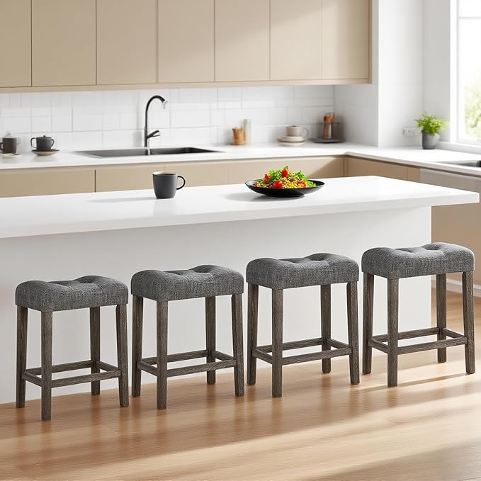 ERGOMASTER 24” Backless Bar Stools, Solid Rubber Wood, Button-tufting Seat, Dark Grey/Dark Wood, Set of 4