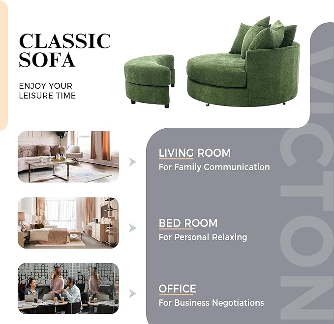 ERYE Oversized Round Accent Barrel Chair with Storage Ottoman and 360 Swivel Base, Modern Chenille Upholstered Leisure Recliner Armchair for Living Room Bedroom