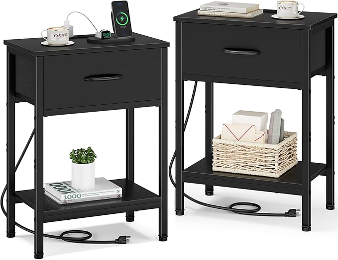Vagusicc Nightstand Set of 2 with Charging Station, Bed Side Table with Fabric Drawer, Small End Table with 2-Tier Storage Shelves, 25.4" Tall Bedside Table, Black Night Stand for Bedroom, Living Room