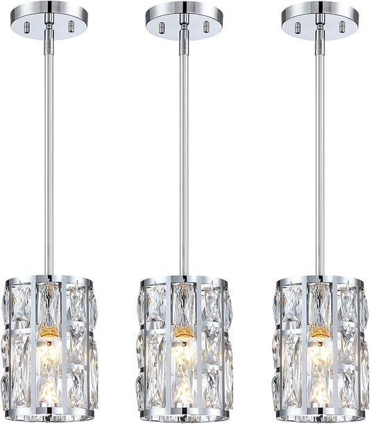 MEXO Modern Crystal Pendant Light Fixture 3-Pack Chrome Finish Hanging Lighting Crystal Chandelier for Kitchen Island