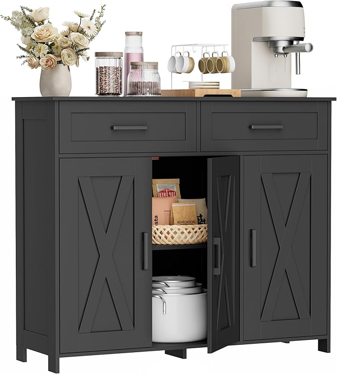 Homhedy Sideboard Buffet Cabinet, Coffee Bar Storage Cabinet with Drawers and Doors, Farmhouse Kitchen Cabinet with Adjustable Shelves, for Kitchen, Dining Room, Living Room, Black