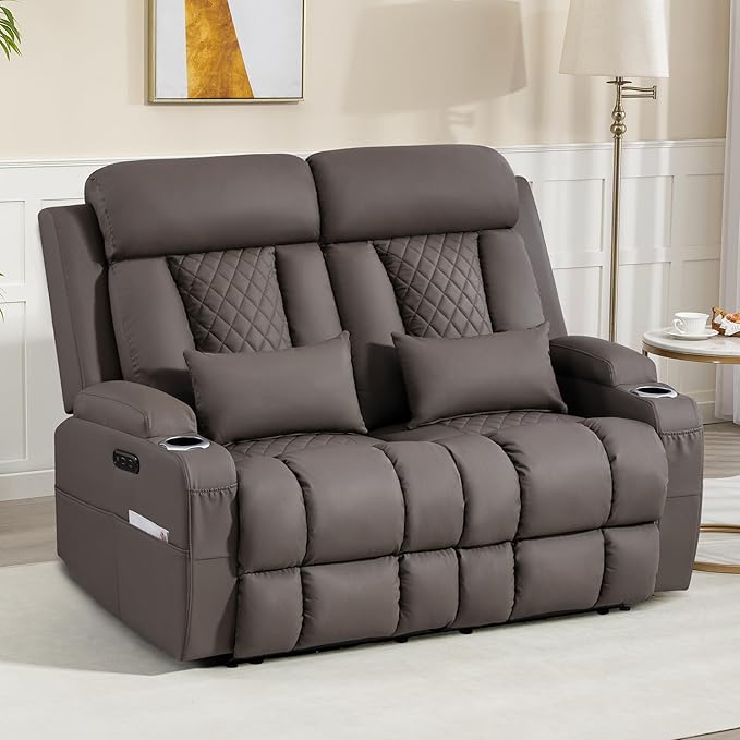Zero Wall Hugger Power Reclining Loveseat with Adjustable Headrest, Power Loveseat Recliner Sofa with USB&Type-C Ports, Wall Hugger Reclining Loveseat for Living Room (PU Brown, 2 Seater) | Cat-Proof Leather